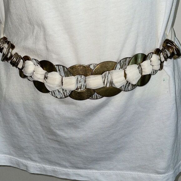 Chico’s gold & cream belt strung on polyester cloth with  circles & rings - Picture 1 of 8